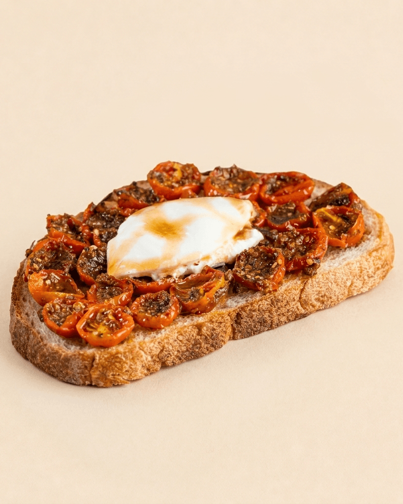 Sourdough Slice with Burrata Cheese,Tomatoes, and Garlic